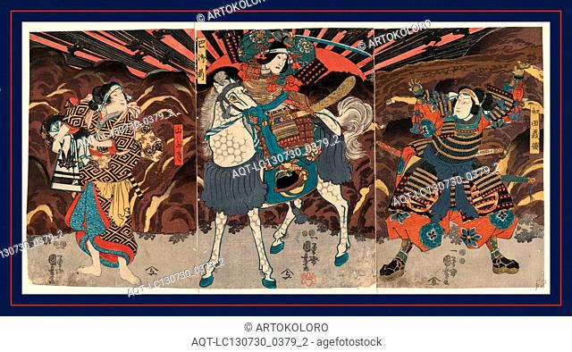 Wada yoshimori tomoe gozen yamabuki, Three actors in the roles of Wadai Yoshimori, Tomoe Gozen, and Yamabuki., Utagawa, Kuniyoshi, 1798-1861, artist