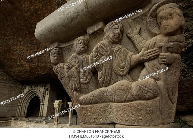 Spain, Aragon, Jaca, rock hermitage and troglodytic cloister of San Juan de la Pena, dated 10th-12th centuries, carved columns of the cloister