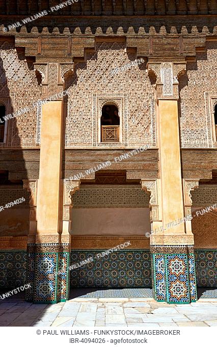 Berber arabesque, Morcabe, plasterwork of the 14th century, Médersa Ben-Youssef, koran school, Marrakech, Morroco