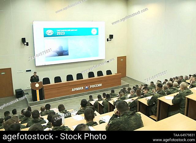 RUSSIA, NOVOSIBIRSK - NOVEMBER 19, 2023: Seen in this video screen grab are cadets taking an annual Russian geography test, Geographical Dictation