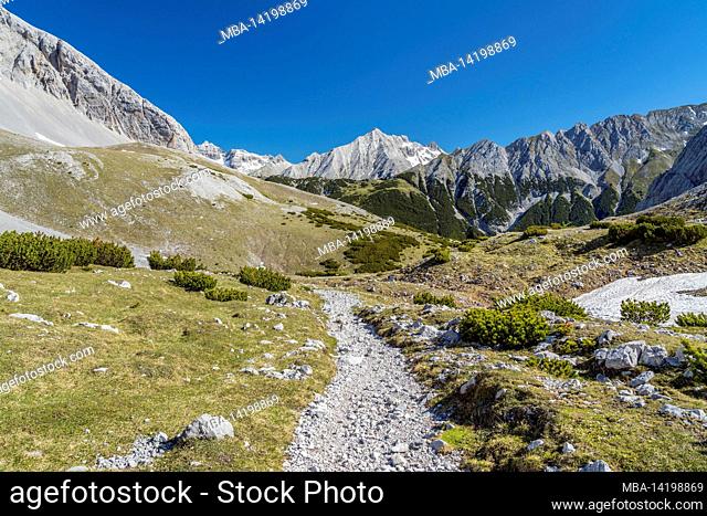 View from Lafatscher Joch (2, 081 m) north to the southern Sonnenspitze (2, 668 m) in the Karwendel Mountains, Absam, Tyrol, Austria