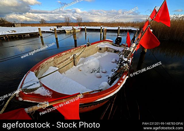 01 December 2023, Mecklenburg-Western Pomerania, Ahrenshoop: A snow-covered fishing boat lies in the Bodden harbor, which is already partially covered with a...