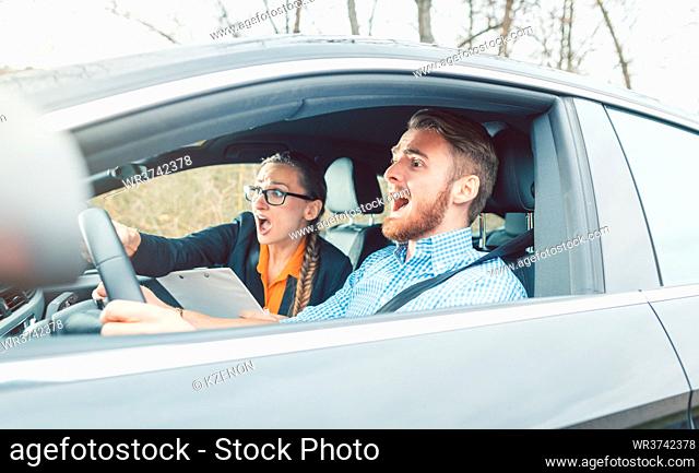 Dangerous situation in the school car during driving instruction or test