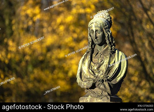 Bust of German poet Annette von Droste-Hülshoff at the Burg Huelshoff castle gardens, Havixbeck, Muenster Region, North Rhine-Westphalia, Germany