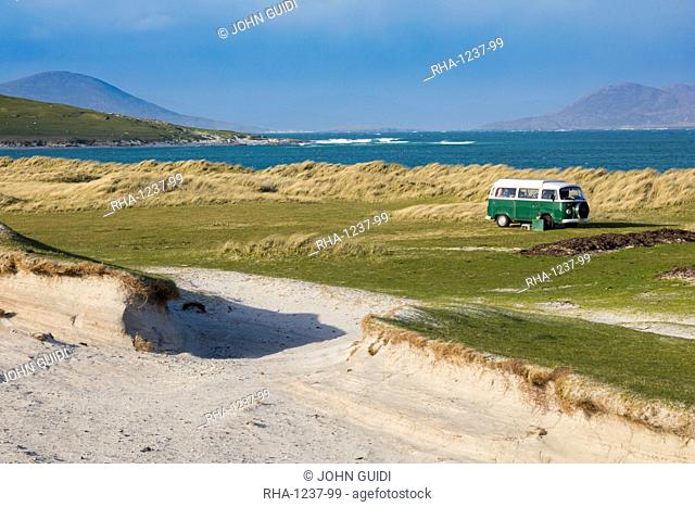 White sands with Volkswagen camper van, Isle of Berneray, North Uist, Outer Hebrides, Scotland, United Kingdom, Europe