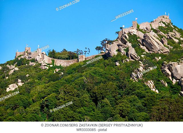The view of Castle of the Moors, perched on top of the inaccessibleRocky cliff, Sintra. Portugal