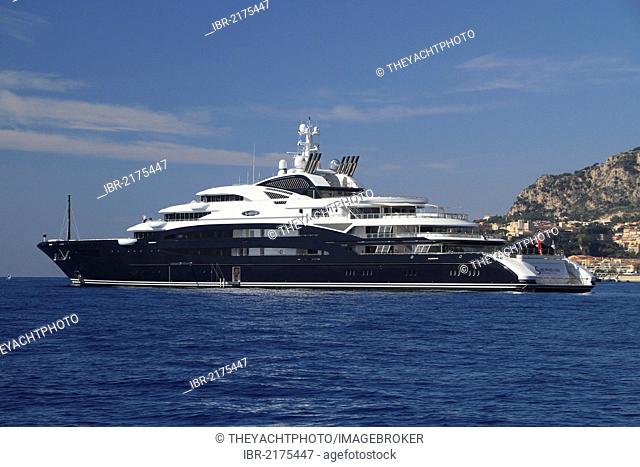 Motoryacht Serene, 133.9m, built in 2011 by yacht builder Fincantieri Yachts and owned by Yuri Scheffler, off Monaco, Côte d'Azur, Mediterranean, Europe