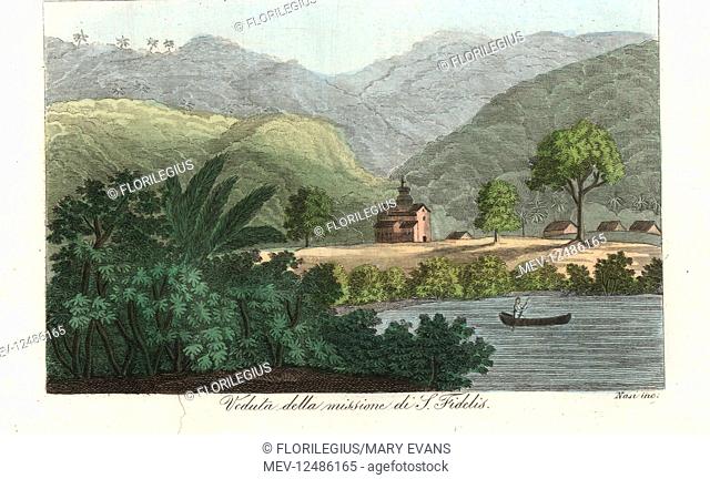 View of the Jesuit mission at St. Fidelis on the Paraiba river, Brazil. Handcoloured copperplate engraving by Nasi from Giulio Ferrrario's Costumes Antique and...