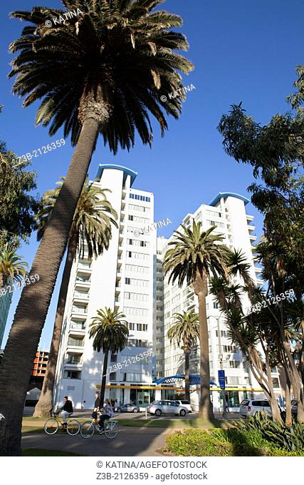 Vertical view of architecture, palm trees and bikers in Palisades Park, Santa Monica, California, USA