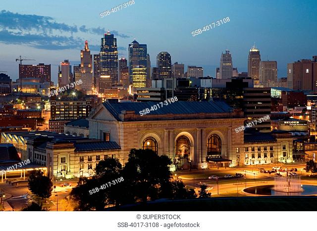 Downtown Kansas City, MO Skyline and Union Station from Liberty Memorial, Missouri, USA