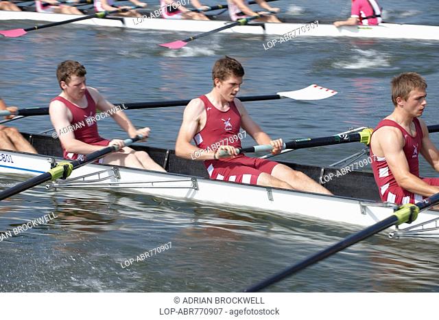 England, Oxfordshire, Henley-on-Thames, A boat crew competing at the the annual Henley Royal Regatta