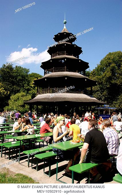The Chinesischer Turm and beer garden in the Englischer Garten, Munich, Bavaria, Germany