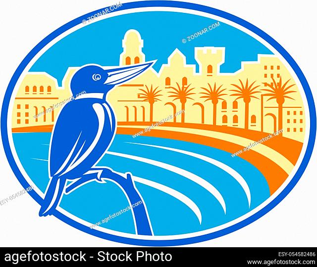 Illustration of a kingfisher bird perched on a branch set inside oval shape with mediterranean coast, buildings and palm trees in the background done in retro...