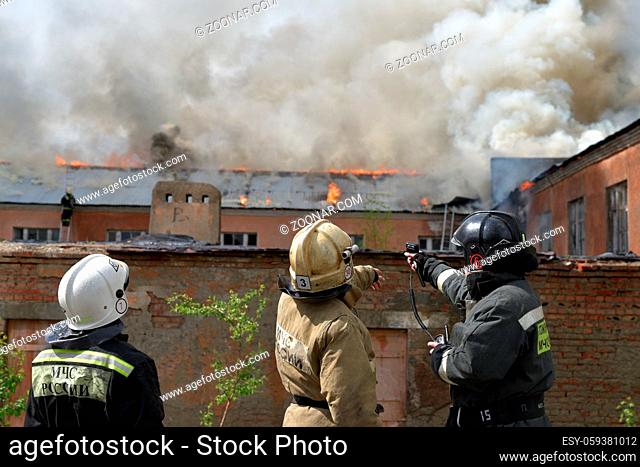NOVOSIBIRSK, RUSSIA - MAY 18, 2016 Fire on the territory of a military unit in the city of Novosibirsk