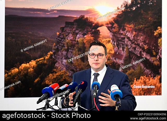 Czech Foreign Affairs Minister Jan Lipavsky gives press briefing before leaving for Muscat, Oman, t o take part in two-day meeting of ministers of countries of...