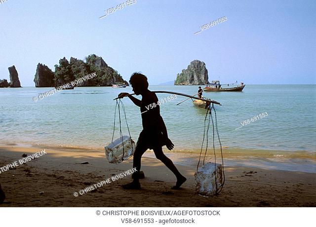 Man carrying ice, duong beach, hon chong peninsula, gulf of siam, Vietnam