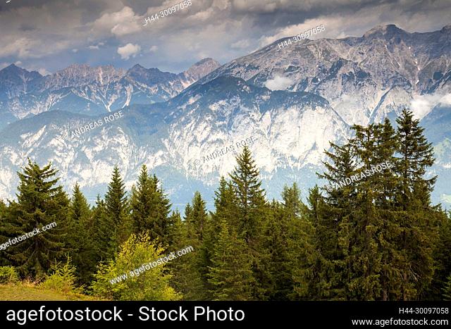 View from Muttereralm to snow-capped Mt. Serles, Mt. Nockspitze, Mt. Habicht, tyrol, Austria, Europe