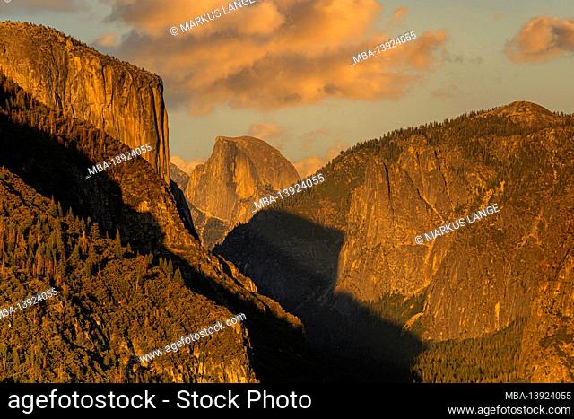 El Capitan, and Half Dome at sunset, Yosemite National Park, California, United States, USA