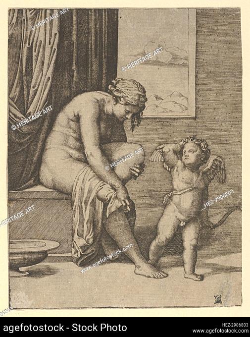 Venus drying her foot with a piece of drapery, Cupid in front of her, holding a bow.., ca. 1510-27. Creator: Marcantonio Raimondi