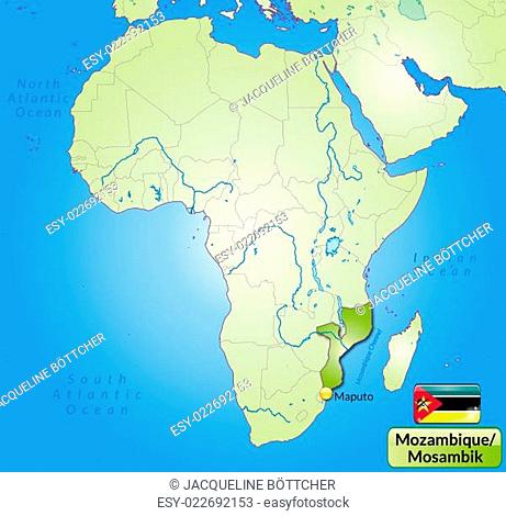 Karte von Mosambik mit Hauptstädten in Grün