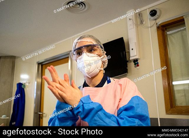 Portrait of a nurse at the Intensive care unit of the Liege hospital which is badly impacted by Covid 19. Liege, Belgium