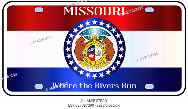 Missouri state license plate in the colors of the state flag with the flag icons over a white background