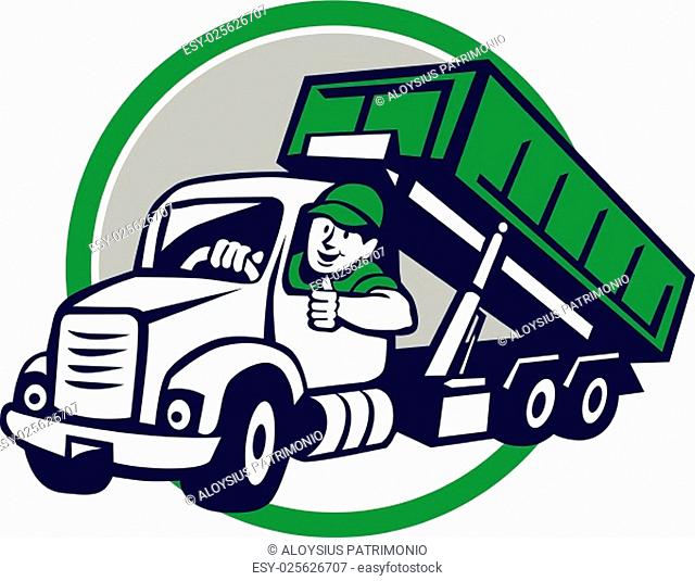 Illustration of a roll-off bin truck driver smiling with thumbs up viewed from front set inside circle done in cartoon style