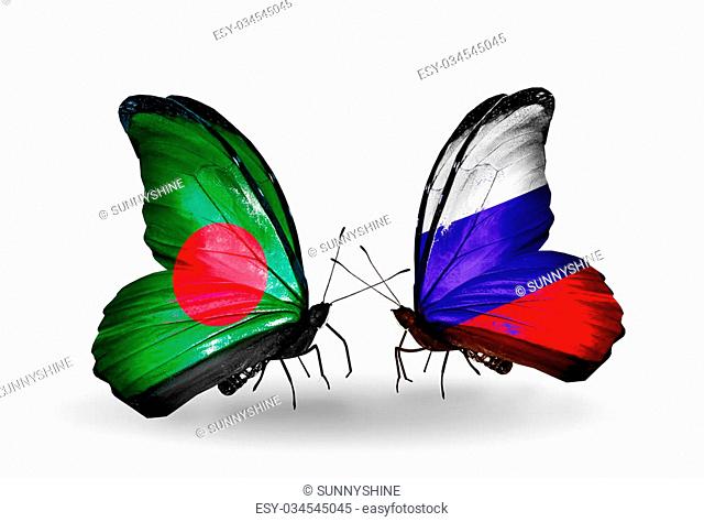 Two butterflies with flags on wings as symbol of relations Bangladesh and Russia