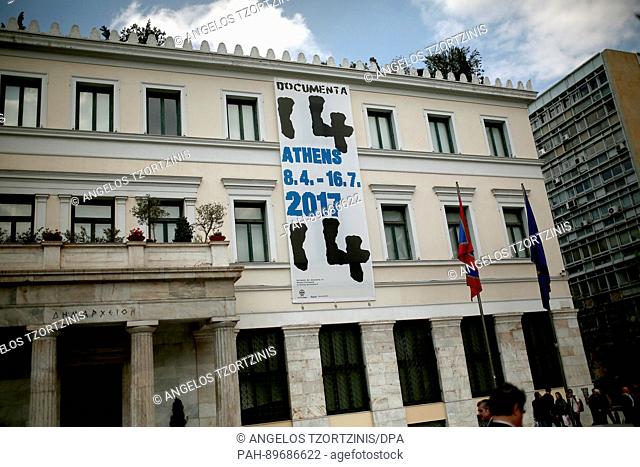 A banner advertises documenta 14 art festival at the Town Hall on Kotzias Square in the centre of the the Greek capital, Athens, Greece, 7 April 2017