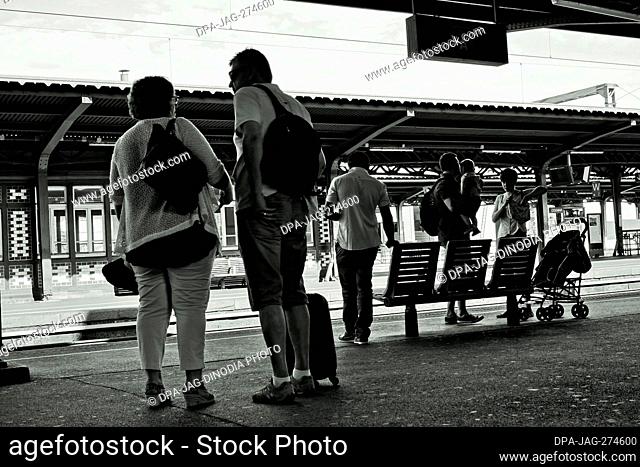 People waiting, Railway Station platform, Colmar, Grand Est, Alsace, France, Europe