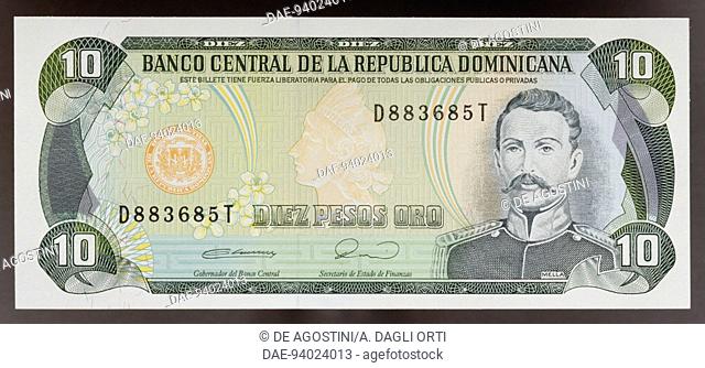 10 pesos oro banknote, 1990-1999, obverse, Matias Ramon Mella Castillo (1816-1864). Dominican Republic, 20th century