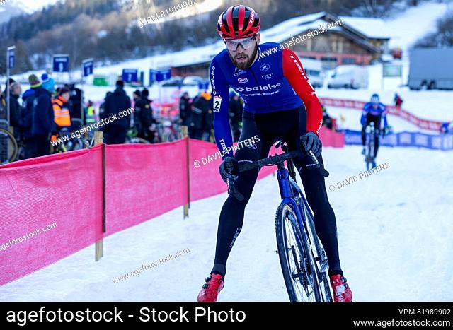 Dutch Joris Nieuwenhuis pictured in action during the men's elite race at the Val di Sole Trentino cyclocross cycling event, on Sunday 10 December 2023 in Italy