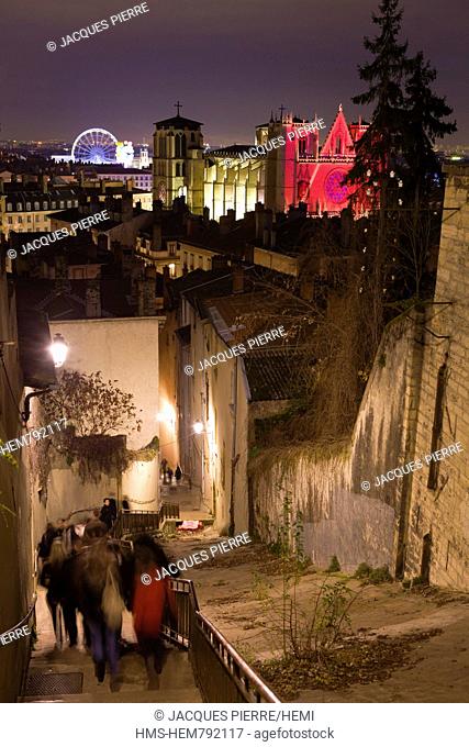 France, Rhone, Lyon, historic site classified as World Heritage by UNESCO, Vieux Lyon Old Town, the Montee des Chazeaux during the Fete des Lumieres Light...