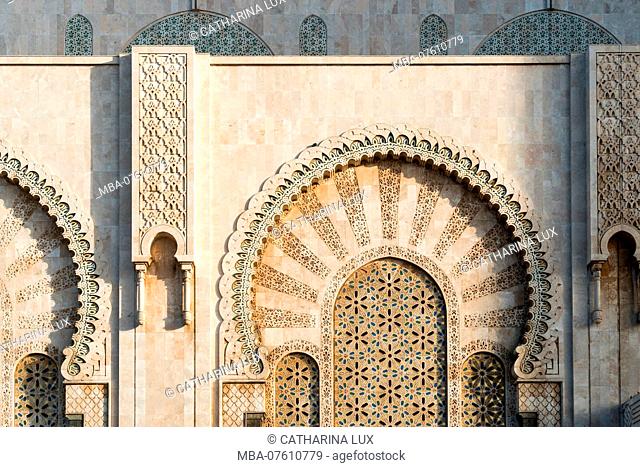 Morocco, Casablanca, Mosque Hassan II in the morning light, facade, detail