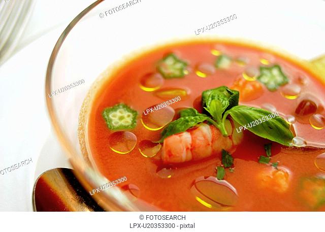Bowl of shrimp gazpacho, close up