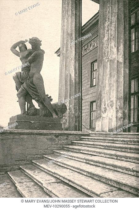 View of a statue outside the Mining Institute in Leningrad (St Petersburg), Russia, showing Pluto ravishing Proserpine. The Institute was founded in 1773