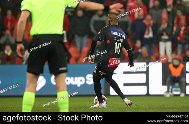 Kortrijk's Faiz Selemani scores from penalty during a soccer match between Standard de Liege and KV Kortrijk, Sunday 12 February 2023 in Liege