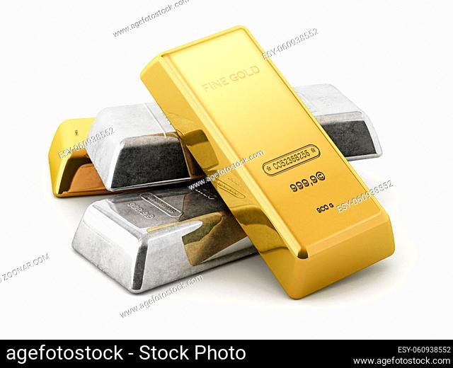 Gold and silver ingots isolated on white background. 3D illustration