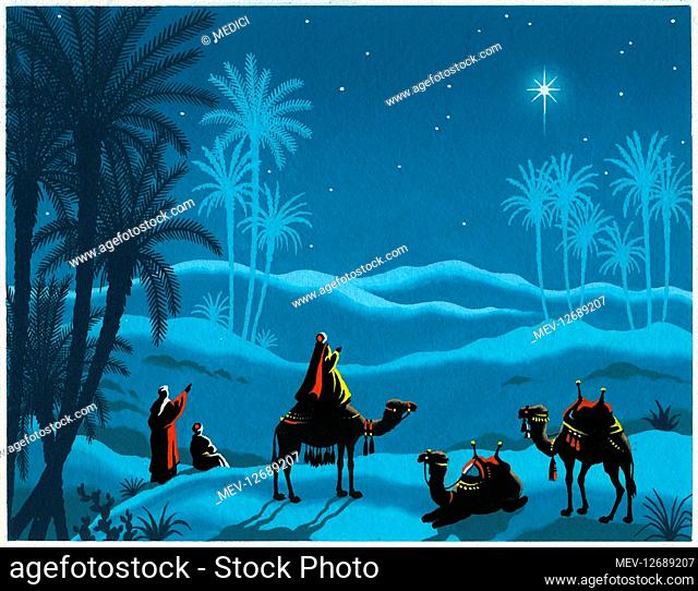Three Kings amongst palm trees looking up at the bright star in the sky, entitled 'Three Wise Men of the Orient'