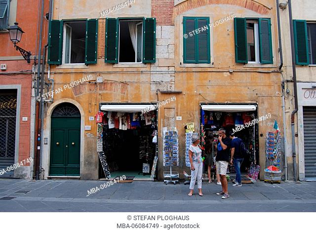 Souvenir shop, old house facade, crumbling plaster, tourist, Old Town of Pisa, Tuscany, Italy