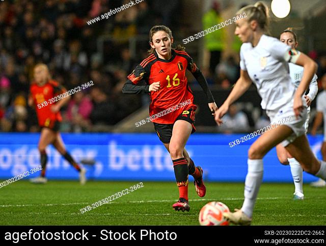 Marie Detruyer of Belgium pictured during a friendly women soccer game between the national female soccer teams of England , called the Lionesses , and Belgium