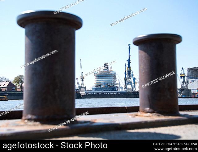 28 April 2021, Hamburg: A cruise ship is moored in Dock Elbe 17 at the Blohm+Voss shipyard in the port on the Elbe. On 04.05