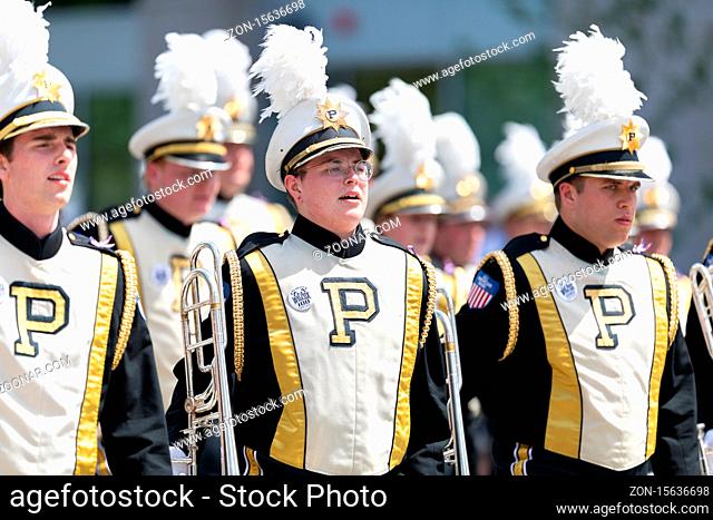 Indianapolis, Indiana, USA - May 25, 2019: Indy 500 Parade, The All American Band from the Purdue University performing at the parade