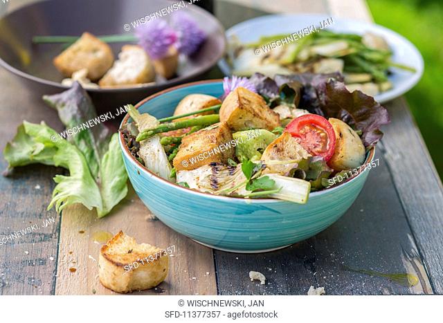 Bread salad with cucumbers, tomatoes and fennel (Tuscany, Italy)