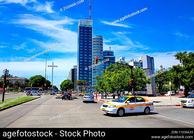 Tres Cruces district of Montevideo with Torre del Congreso, Uruguay. Montevideo is the capital and largest city of Uruguay
