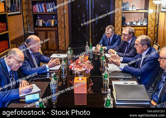 MOROCCO, MARRAKECH - DECEMBER 20, 2023: Egypt's Foreign Minister Sameh Shoukry (L back) and his Russian counterpart Sergei Lavrov (2nd R) attend a bilateral...