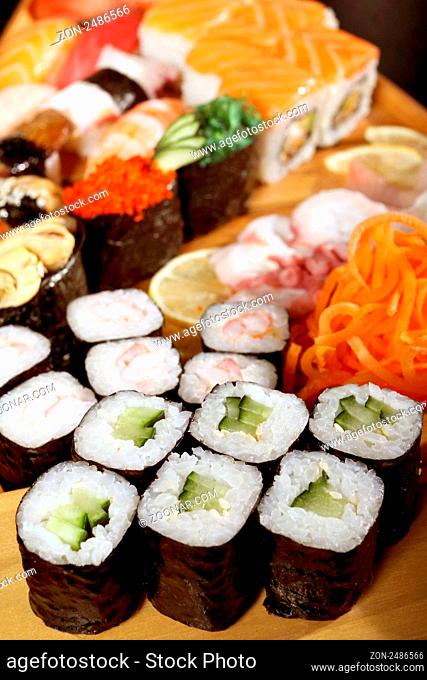 Japanese cuisine from rice and seafood in the big assortment