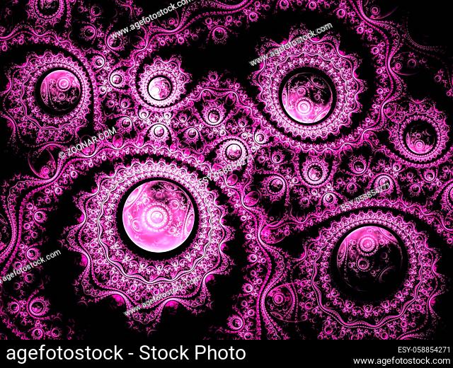 Abstract purple background - computer-generated image. Fractal art: intricate ornament of curls and spheres. For banners, posters, web design