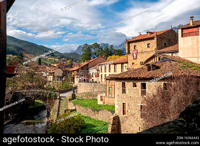 Potes, Cantabria / Spain - 5 November 2020: idyllic Spanish mountain village in the Picos de Europa region
