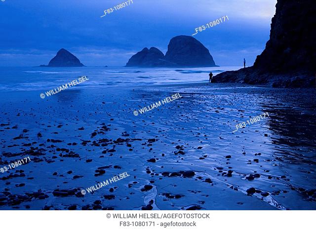 USA, Oregon, Tillamook County, Oceanside, sea stacks, beach and cliff, dusk, low tide, people, August